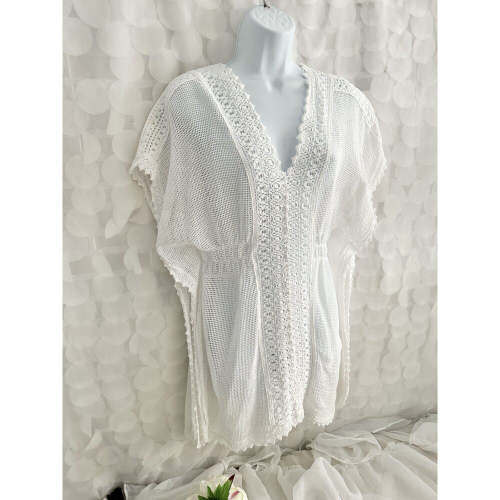 SEASPICE White Crochet Dress Large 100% Peruvian Cotton Boho Short Festival
